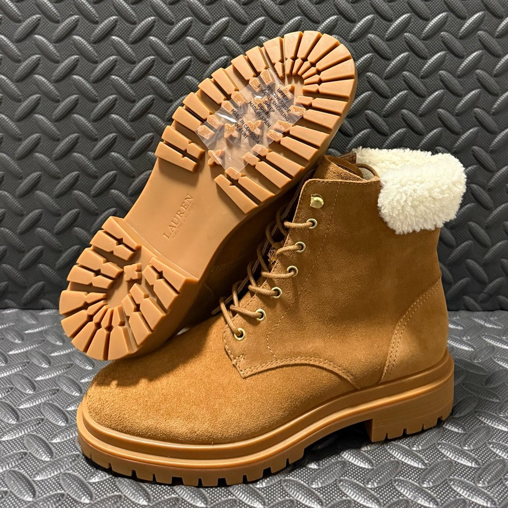 Ralph Lauren Carlee Brown Suede Shearling Fur Lace Up Combat Boots Womens Size 8